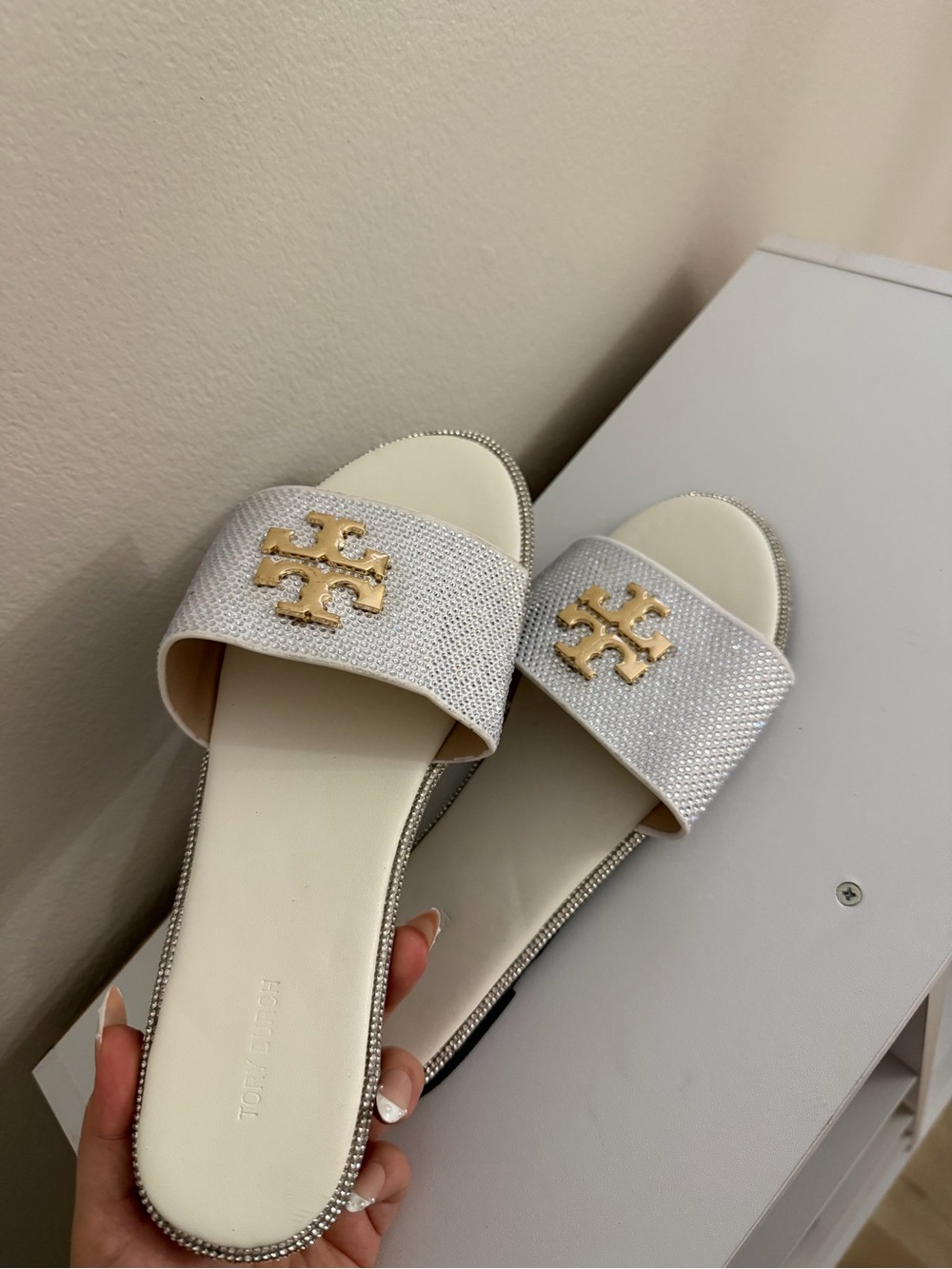 Tory Burch White Slide Sandals with Gold Logo Emblem